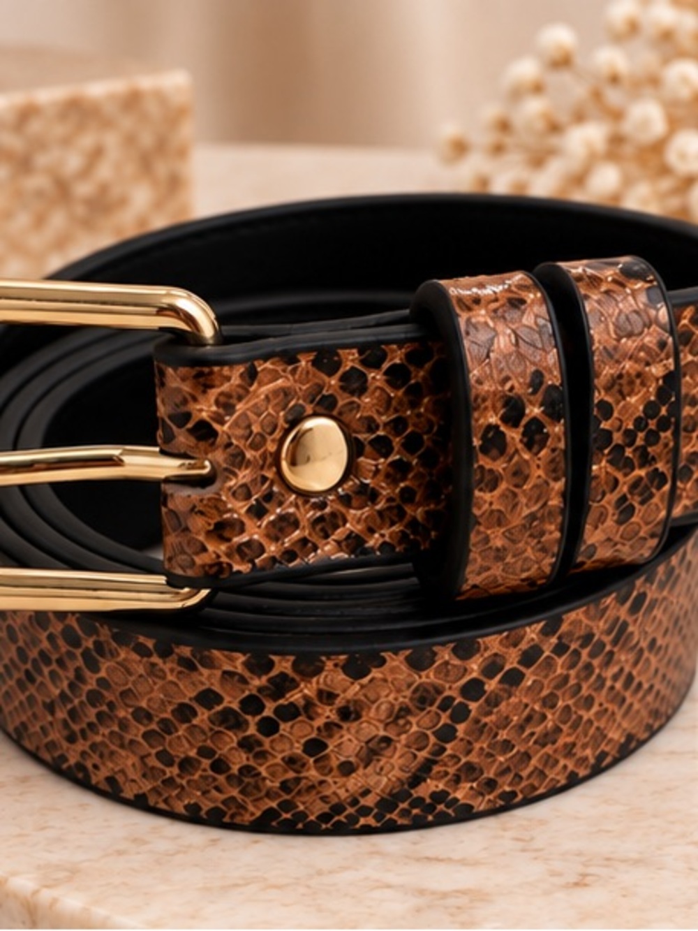 Snake-Print Brown Leather Belt with Gold Buckle
